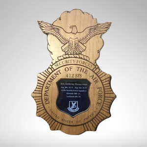 Security Forces Personalized Wood Badge, Air Force Police Plaque, Military Police Award, Going Away Gift. Defensor Fortis Plaque