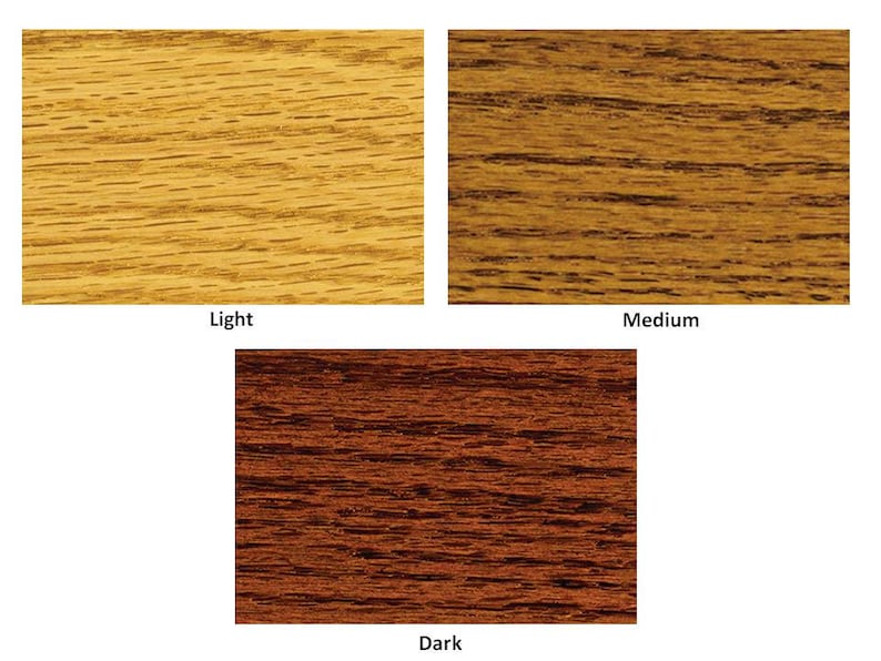May include: Three wood samples showing different stain colors: light, medium, and dark.