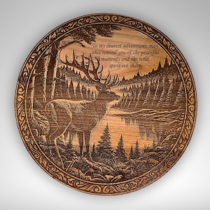 Personalized Deer & Lake Wood Plaque: Engraved Mountain Scene, Cabin Decor