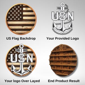 Puede incluir: Una placa redonda de madera con un fondo de bandera estadounidense y un contorno blanco del ancla de la Marina de los Estados Unidos y el logotipo de USN. El ancla y el logotipo est&aacute;n superpuestos al fondo de la bandera.