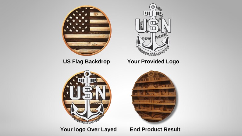 Puede incluir: Una placa redonda de madera con un fondo de bandera estadounidense y un contorno blanco del ancla de la Marina de los Estados Unidos y el logotipo de USN. El ancla y el logotipo est&aacute;n superpuestos al fondo de la bandera.