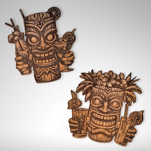 May include: Two wooden tiki masks with intricate carvings. One holds a cocktail and a bottle, the other has a floral headdress and holds a drink. The masks are brown with detailed facial features, perfect for tropical decor.