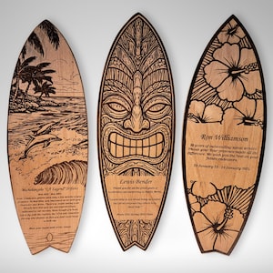 Personalized Surfboard Plaque, Engraved Wood Art, Hawaiian, Tropical, Tiki Themes