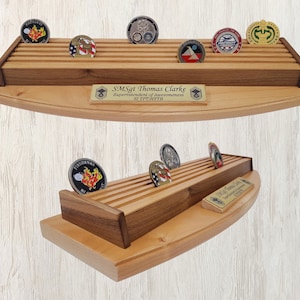 Engraved Military Challenge Coin Display: Alder Wood Desk Holder