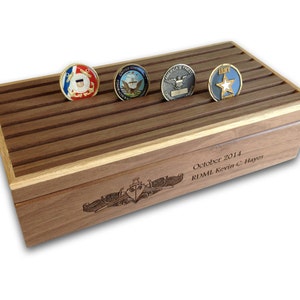 Engraved Military Challenge Coin Display Box: Alder & Walnut Veteran Gift Walnut Wood