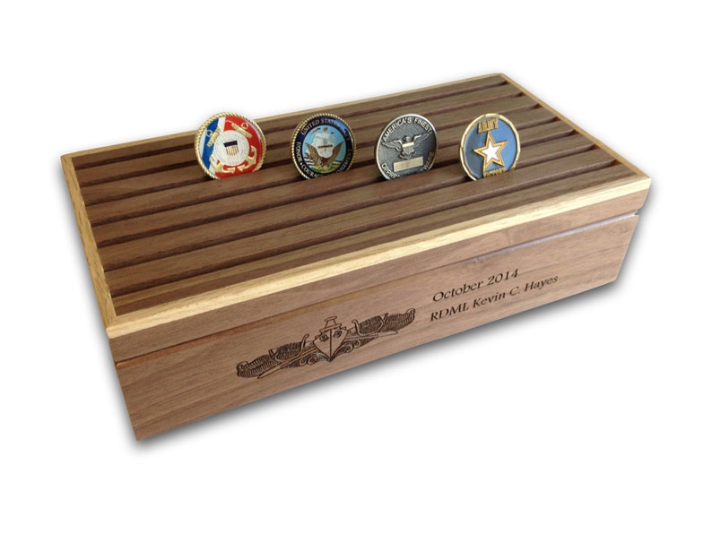 Engraved Military Challenge Coin Display Box: Alder & Walnut Veteran Gift Walnut Wood