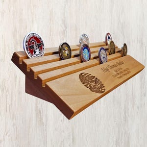 Engraved Military Challenge Coin Display: Custom Army, Marines Desk Holder