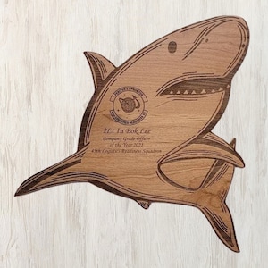Custom Engraved Wood Shark Plaque: Coastal Military Award