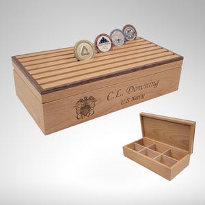 Engraved Military Challenge Coin Display Box: Alder & Walnut Veteran Gift image 9