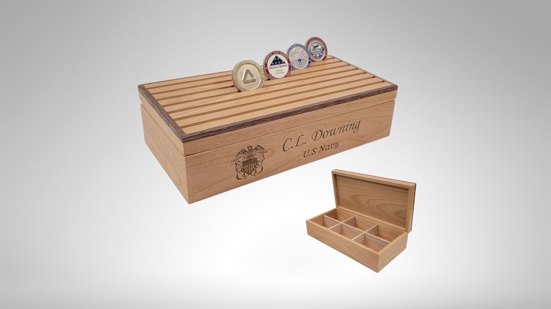 Engraved Military Challenge Coin Display Box: Alder & Walnut Veteran Gift image 9