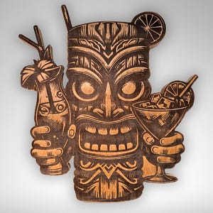 May include: Wooden tiki carving with a smiling face, holding two cocktails. One cocktail is in a tall glass with a straw and the other is in a martini glass with a lemon slice. The tiki has a lemon slice on its head.