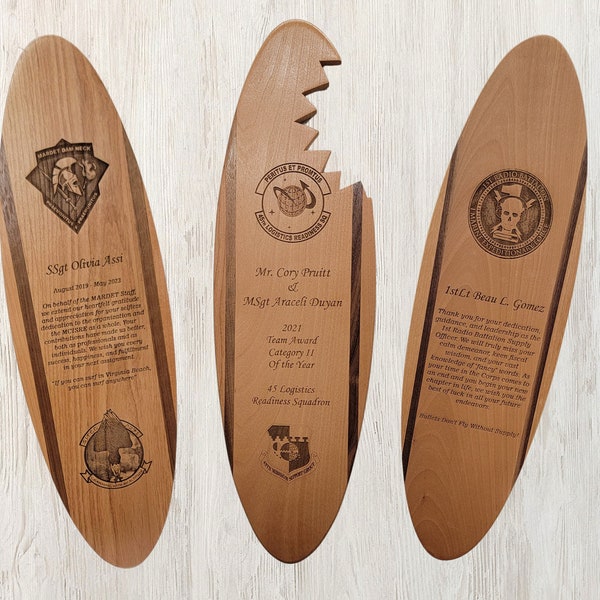 Military Wood Engraved Surfboard, Personalized Wall Plaque, Surfing Art, Beach Theme, Shark Bite Going Away Gift, Shark Plaque