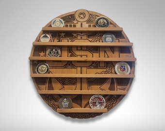 Custom Military Challenge Coin Display: Engraved Alder Wood, Veteran Gift