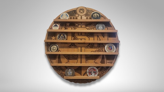 Custom Military Challenge Coin Display: Engraved Alder Wood, Veteran Gift