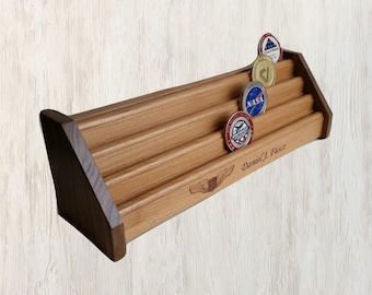 Engraved Wood Military Challenge Coin Holder: Alder & Walnut, Holds 24 Coins