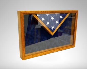 Military Shadow Box Display Case, Handcrafted Alder Wood, Blue Suede, Flag Holder Compartment
