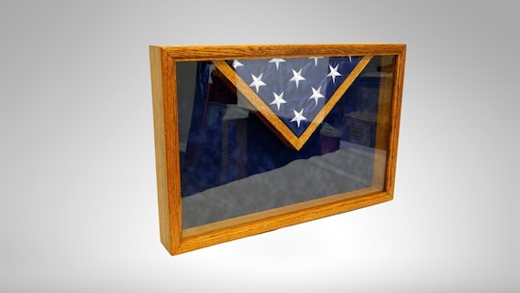 Military Shadow Box Display Case, Handcrafted Alder Wood, Blue Suede, Flag Holder Compartment