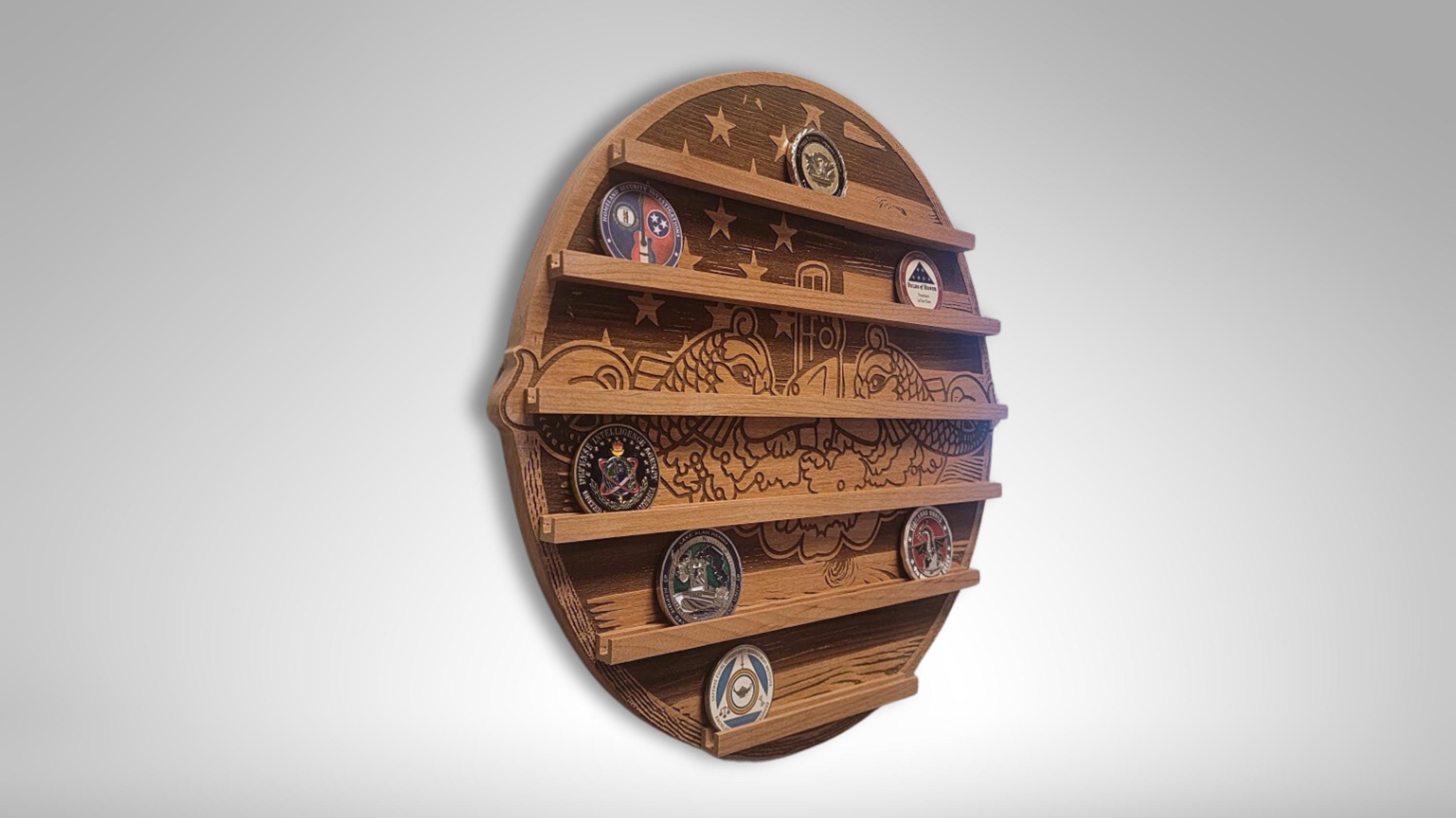 Military Gift - Custom Challenge Coin Display, Personalized Logo Wall Mount, Engraved Wood Coin Holder