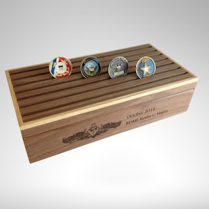 Engraved Military Challenge Coin Display Box, Wooden Coin Holder with Storage, Alder & Walnut, Personalized Veteran Gift
