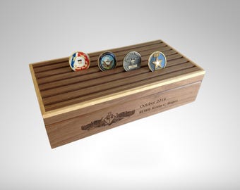 Engraved Military Challenge Coin Display Box, Wooden Coin Holder with Storage, Alder & Walnut, Personalized Veteran Gift