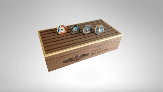 Engraved Military Challenge Coin Display Box: Alder & Walnut Veteran Gift