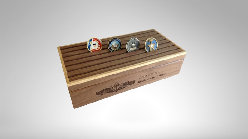 Engraved Military Challenge Coin Display Box: Alder & Walnut Veteran Gift image 1