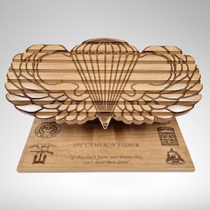 Airborne Jump Wings Desk Coin Display, Wooden Parachutist Badge Holder, Personalized Military Gift