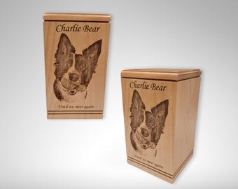 Photo Engraved Pet Urn: Solid Wood Dog Cat Ashes Keepsake Box