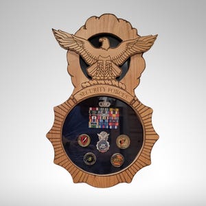 May include: A wooden shadow box with a carved eagle and the words "Security Forces". The box has a glass front and displays a collection of military medals and ribbons.