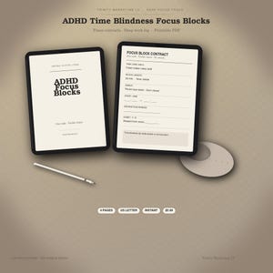 ADHD Time Blindness Focus Blocks Printable PDF | Timer Contracts Deep Work Log | Instant Download