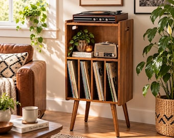 Handmade Wooden LP Record Radio Player Stand -3- Tier Mid-Century Modern Turntable Cabinet Storage Holds 100 Albums Organizer Table| Storage