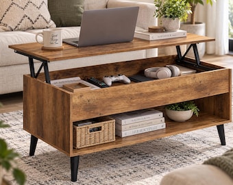 Lift Top Coffee Table with Hidden Storage, Gas Spring Lift Table, Open Shelf Living Room Furniture, Home Office Table, Honey Brown