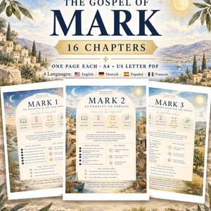 May include: A digital study guide titled The Gospel of Mark 16 Chapters, featuring three pages labeled Mark 1, Mark 2, and Mark 3. The pages include chapter summaries, key truths, and life applications, set against a Mediterranean landscape.