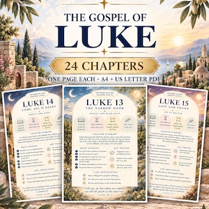 May include: A digital study guide for The Gospel of Luke featuring 24 chapters in A4 and US Letter PDF formats. The image displays three sample pages titled Luke 14, Luke 13, and Luke 15, each containing chapter summaries, key truths, and life applications.