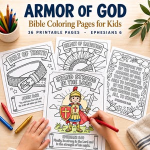 Puede incluir: Páginas para colorear de la Biblia Armor of God para niños con 36 páginas imprimibles de Efesios 6. Las páginas incluyen dibujos lineales de un cinturón, un casco y un soldado con escudo y espada, con textos como Stand Strong in the Lord.