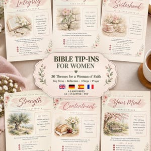 May include: A collection of six printed Bible study tip-in cards featuring floral watercolor illustrations and themes like Integrity, Courage, Sisterhood, Strength, Contentment, and Your Mind, with a central title card reading BIBLE TIP-INS FOR WOMEN.