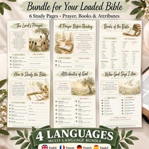 May include: A digital bundle of six Bible study tip-in pages featuring The Lord's Prayer, A Prayer Before Reading, Books of the Bible, How to Study the Bible, Attributes of God, and Who God Says I Am, with botanical illustrations and text.