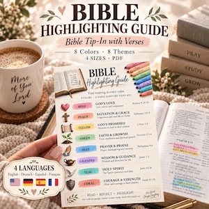 May include: A Bible highlighting guide printed on a card featuring eight color-coded themes with corresponding icons and scripture references. The guide includes text such as Bible Highlighting Guide, Find meaning in every color, and 4 LANGUAGES.