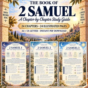 Puede incluir: Una guía de estudio digital para el Libro de 2 Samuel que presenta una página de título con un icono de corona y tres páginas de muestra tituladas 2 Samuel 1, 2 y 3. Las páginas incluyen resúmenes, verdades clave y aplicaciones prácticas.