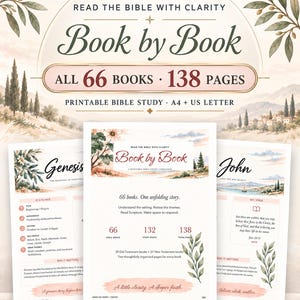 May include: A printable Bible study guide titled Book by Book, featuring 66 books and 138 pages. The document includes sections for Genesis and John, decorated with watercolor illustrations of olive branches and landscapes in soft earth tones.