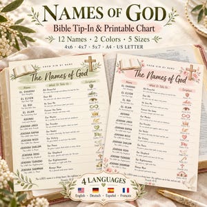May include: Two printed charts titled The Names of God, featuring lists of twelve names with meanings and scripture references. The charts include illustrations of a Bible, a cross, and floral accents. Text includes 12 Names, 2 Colors, 5 Sizes, 4x6, 4x7, 5x7, A4, US Letter, and 4 Languages.