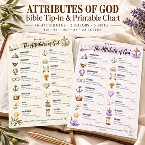 Puede incluir: Dos gráficos impresos titulados The Attributes of God, uno con detalles verdes y otro con detalles morados. Cada gráfico enumera 16 atributos con ilustraciones correspondientes como un globo terráqueo, ancla, corona y balanza, junto a versículos.
