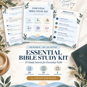 May include: A printable Essential Bible Study Kit featuring 24 study inserts, A4 and US Letter sizes, and 27 pages. The kit includes instructional guides, study topics, and graphic icons for faith-based study, presented with blue and gold accents.