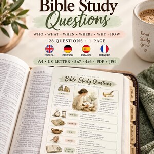 May include: A Bible study tip-in sheet titled Bible Study Questions to Ask of Any Passage, featuring 28 questions categorized by who, what, when, where, why, and how, with illustrations of a person reading, a clock, a scroll, and hands in prayer.