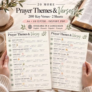 Op de afbeelding: Twee geprinte vellen met de titel 20 More Prayer Themes & Verses, met 200 kernverzen gecategoriseerd op onderwerpen zoals rouw, angst en huwelijk. De documenten zijn opgemaakt voor A4 en US Letter formaat als een instant PDF-download.