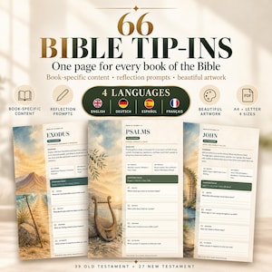 May include: A collection of 66 Bible tip-ins featuring book-specific content, reflection prompts, and artwork. The pages include sections for Exodus, Psalms, and John, with text in English, German, Spanish, and French. Includes 4 sizes.