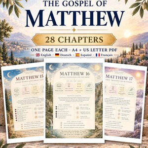 Bible Study Guide Gospel of Matthew 28 Chapters, Bible Tip Ins, Bible Inserts, Loaded Bible Kit, Bible Study Template, Spanish German French