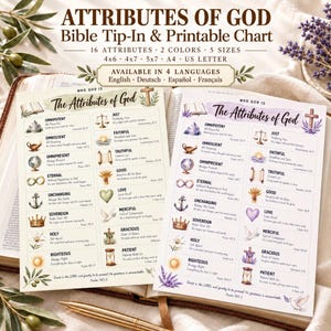 Puede incluir: Dos tablas imprimibles tituladas Attributes of God, una con detalles verdes y otra con morados. Cada tabla enumera 16 atributos como Omnipotent, Omniscient y Faithful, junto con ilustraciones y versículos bíblicos. El texto incluye los tamaños 4x6, 4x7, 5x7, A4 y US Letter.