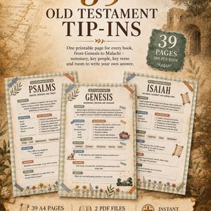 Könnte beinhalten: Eine Sammlung von 39 druckbaren Einlagen zum Alten Testament mit Zusammenfassungen für Bücher von Genesis bis Maleachi. Jede Seite enthält Abschnitte für Schlüsselpersonen, Momente, Themen, Verse und Reflexionsfragen auf einem Vintage-Hintergrund.