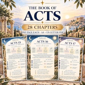May include: A digital document titled The Book of Acts featuring 28 chapters, available in A4 and US Letter PDF formats. The design displays three sample pages for Acts 15, 16, and 17, each containing chapter summaries, key verses, and life applications.